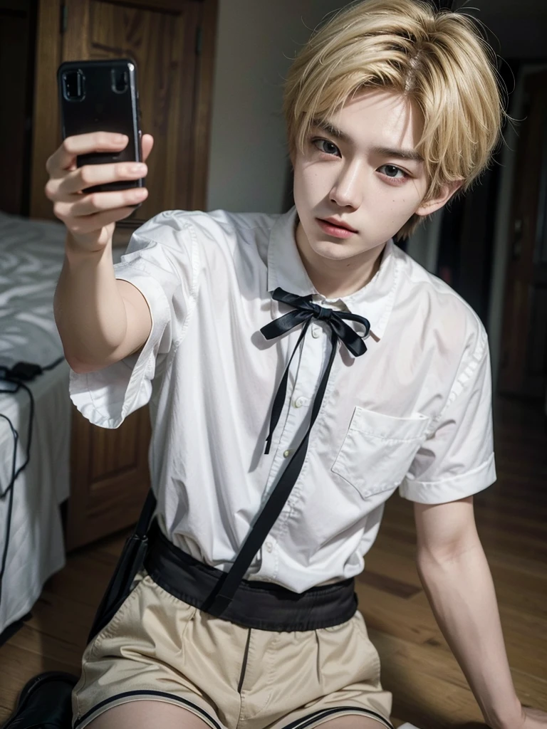 8k, Masterpiece, high quality, Young guy, androgynous prince, ulzzang, blonde hair, cabello rubio, asian, asian boy, shorts, selfie