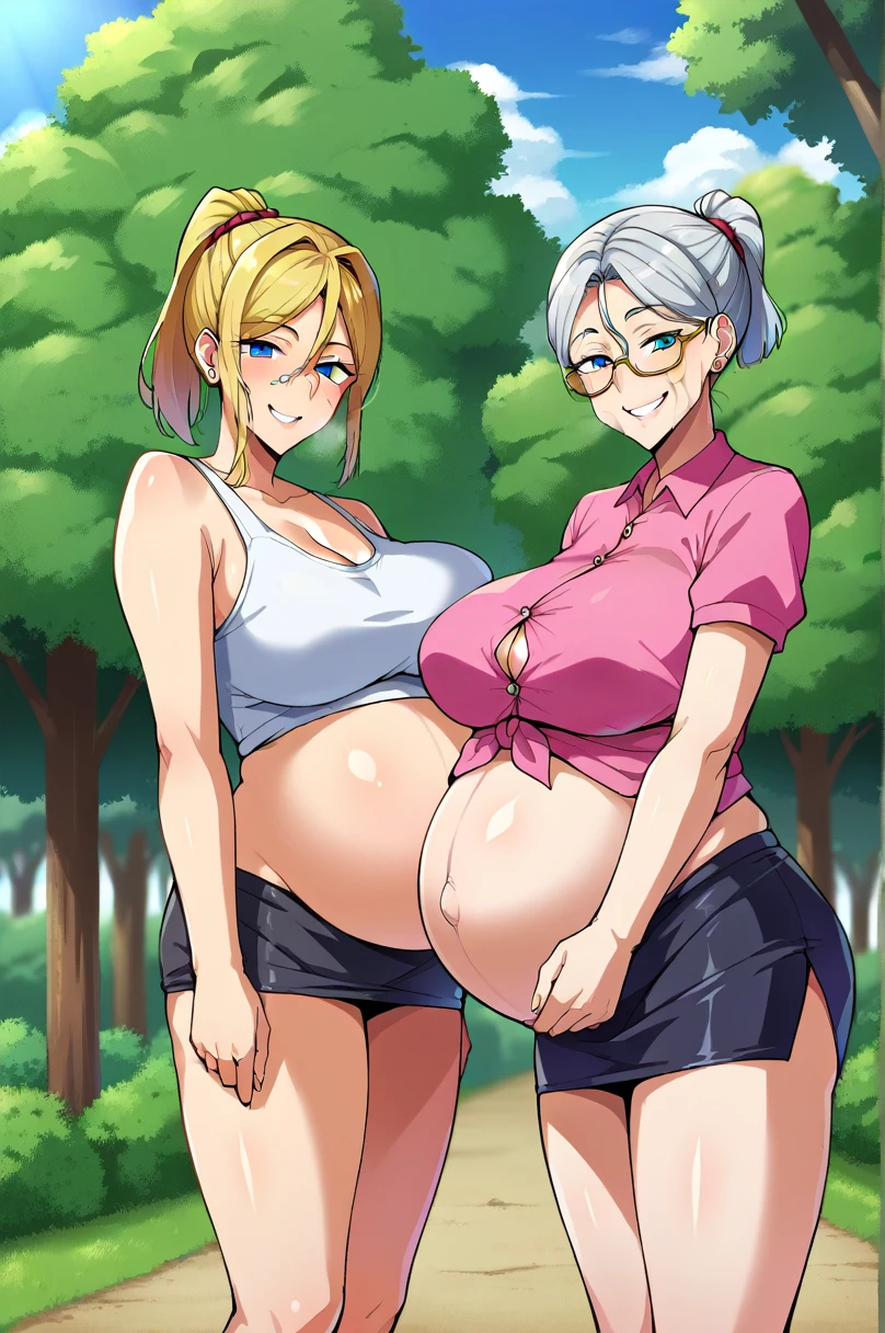 ((grandma)), gilf A (((pregnant woman with a big belly))), score_9,score_8_up,score_7_up,score_6_up, takeda hiromitsu style,1girl, breasts, pantyhose, thighhighs, solo, blue eyes, pixie cut hair, grey hair, ponytail, huge breasts, shirt, tented shirt, ((wrinkles on face)), outdoors, black skirt, smile, looking at viewer, high ponytail, thighs, sky, tree, midriff showing pregnant belly