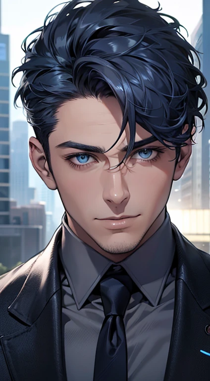 (best quality,4k,8k,highres,masterpiece:1.2),ultra-detailed,(realistic,photorealistic,photo-realistic:1.37),1 man,31 years old,mature man,very handsome,without expression,smile,short blue hair,blue eyes,penetrating gaze,perfect face without errors,imposing posture,businessman,office background,cinematic lighting,hdr image