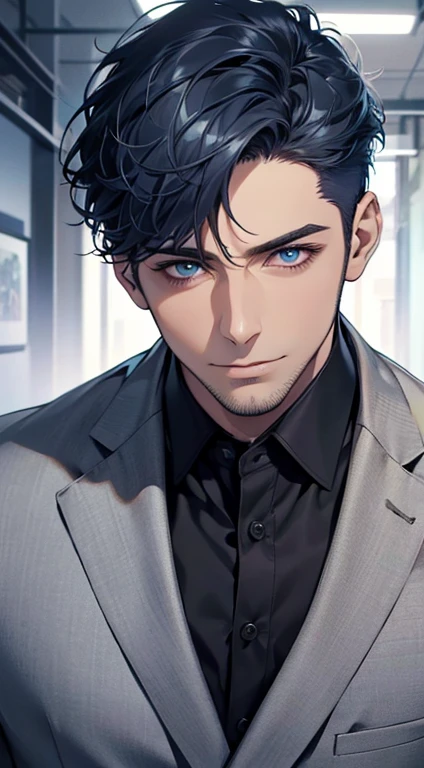 (best quality,4k,8k,highres,masterpiece:1.2),ultra-detailed,(realistic,photorealistic,photo-realistic:1.37),1 man,31 years old,mature man,very handsome,without expression,smile,short blue hair,blue eyes,penetrating gaze,perfect face without errors,imposing posture,businessman,office background,cinematic lighting,hdr image