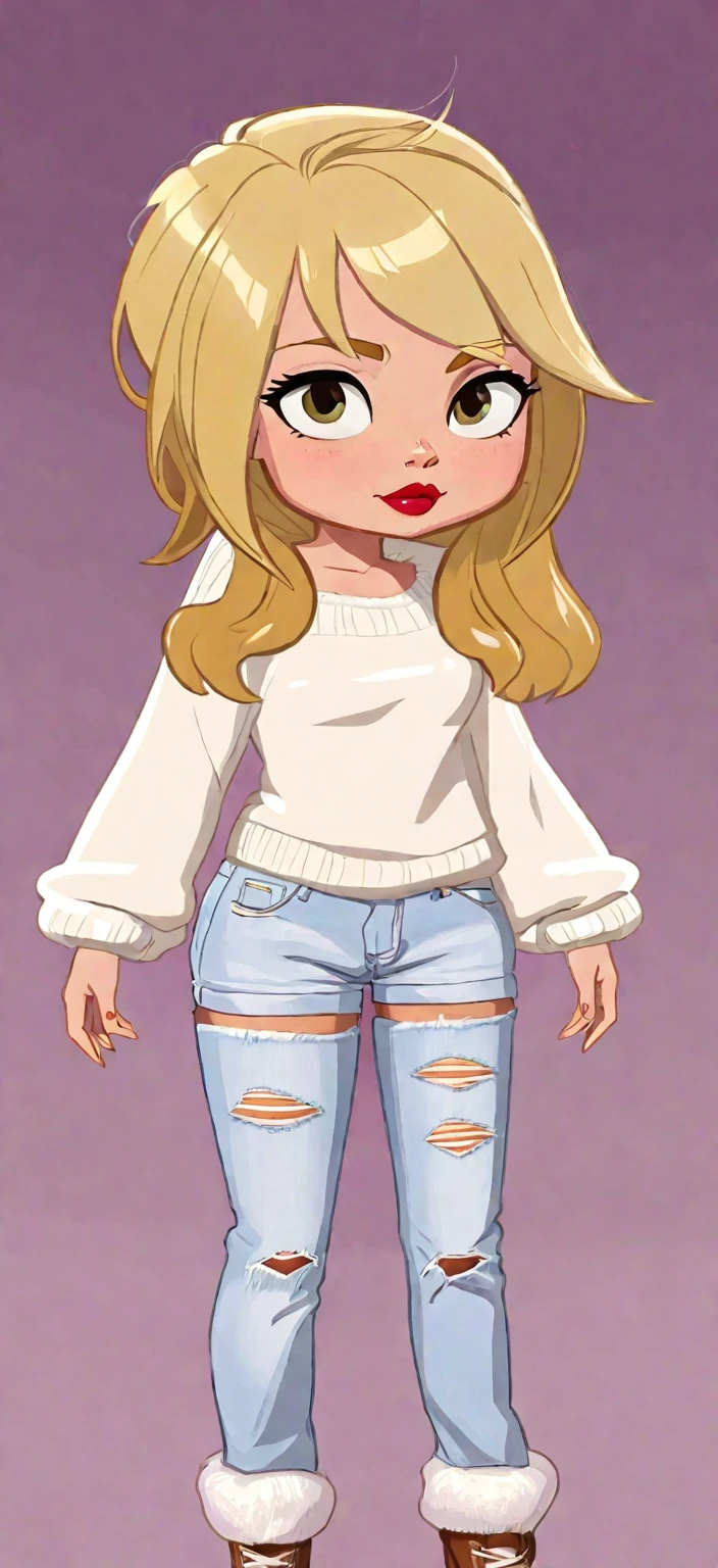 A woman with brunette hair but with blonde ends, Wearing a white sweater, um short jeans marrom, firm breasts, um corpo sexy de uma milf (Carol lougue)