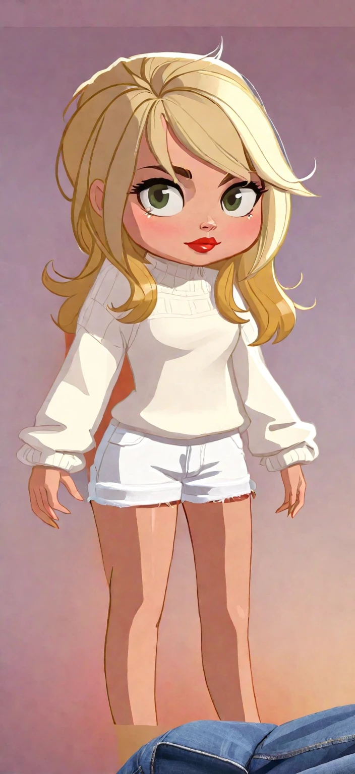 A woman with brunette hair but with blonde ends, Wearing a white sweater, um short jeans marrom, firm breasts, um corpo sexy de uma milf (Carol lougue)