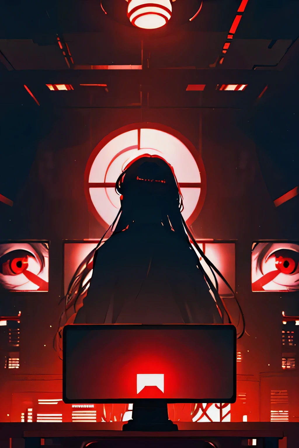 masterpiece ,woman with red eyes stands in front of the window, beautiful eyes are visible on the large monitor screen in the background, Girl in the center, silhouette of a girl in the center, red lighting, Red eyes, blood, detailed, Glowing, dim room, lighting from screens, monitor panels, which depict girls, eyes are visible on the monitor panels, many eyes, long hair, screen panels, in the room, тусклое long hair, hair glows, well lit, detailed, detailed lighting, well lit hair, well-lit face, looking at the viewer, Semi-dark room, monitor panels, which depicts a girl, impassive facial expression, eyes on the monitor screen