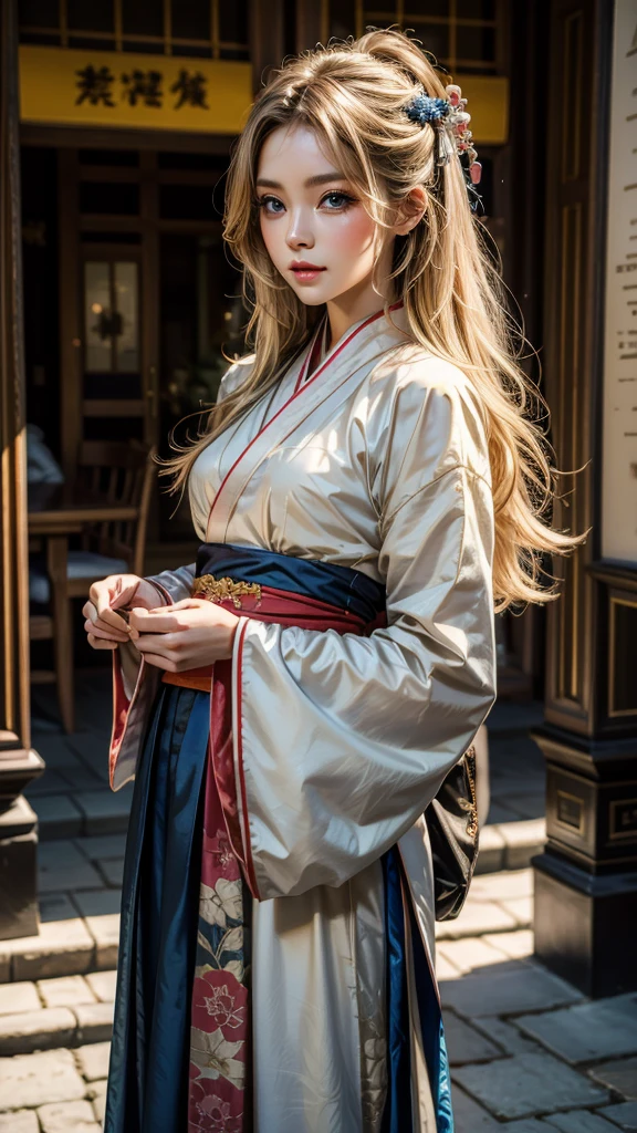 (masterpiece), High resolution hanfu woman, European and American face, Perfect Face, Long blonde hair, blue eyes, So adorable.