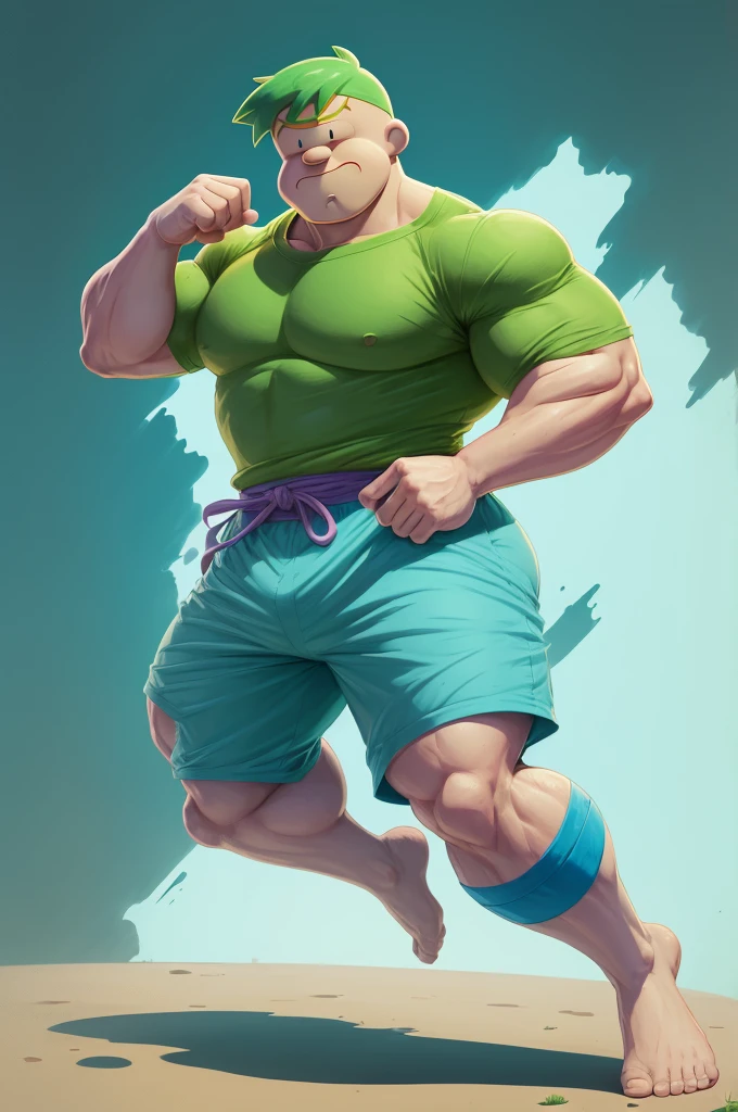 a cartoon character of a man in a green shirt and blue shorts, Baki Hanma body type, finn from adventure time, pink iconic character, lumpy skin, full body photo of steve,Optimistic Clarence cartoon, Medieval art, animation character