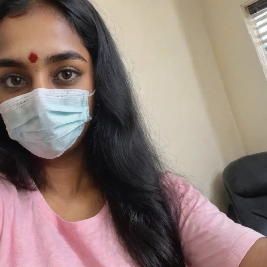 phone photo of a 18 year old south Indian girl in black surgical mask, pink t-shirt, cleavage visible, uploaded on snapchat