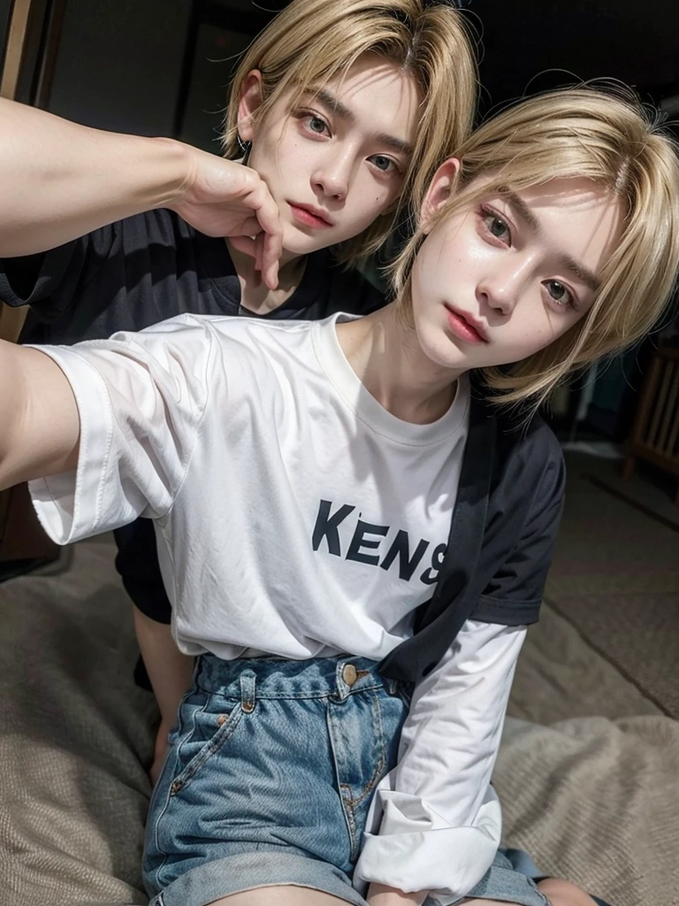 8k, Masterpiece, high quality, Young guy, good proportions, androgynous prince, ulzzang, blonde hair, cabello rubio, asian, asian boy, shorts, selfie
