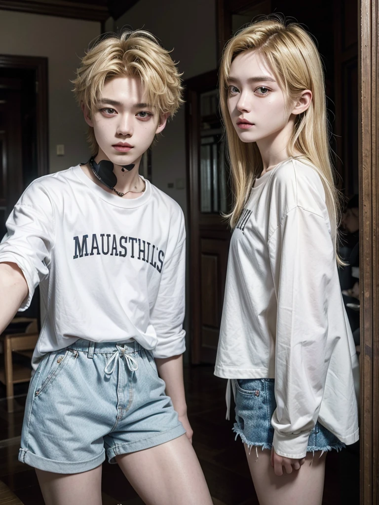8k, Masterpiece, high quality, Young guy, good proportions, androgynous prince, ulzzang, blonde hair, cabello rubio, asian, asian boy, shorts, selfie