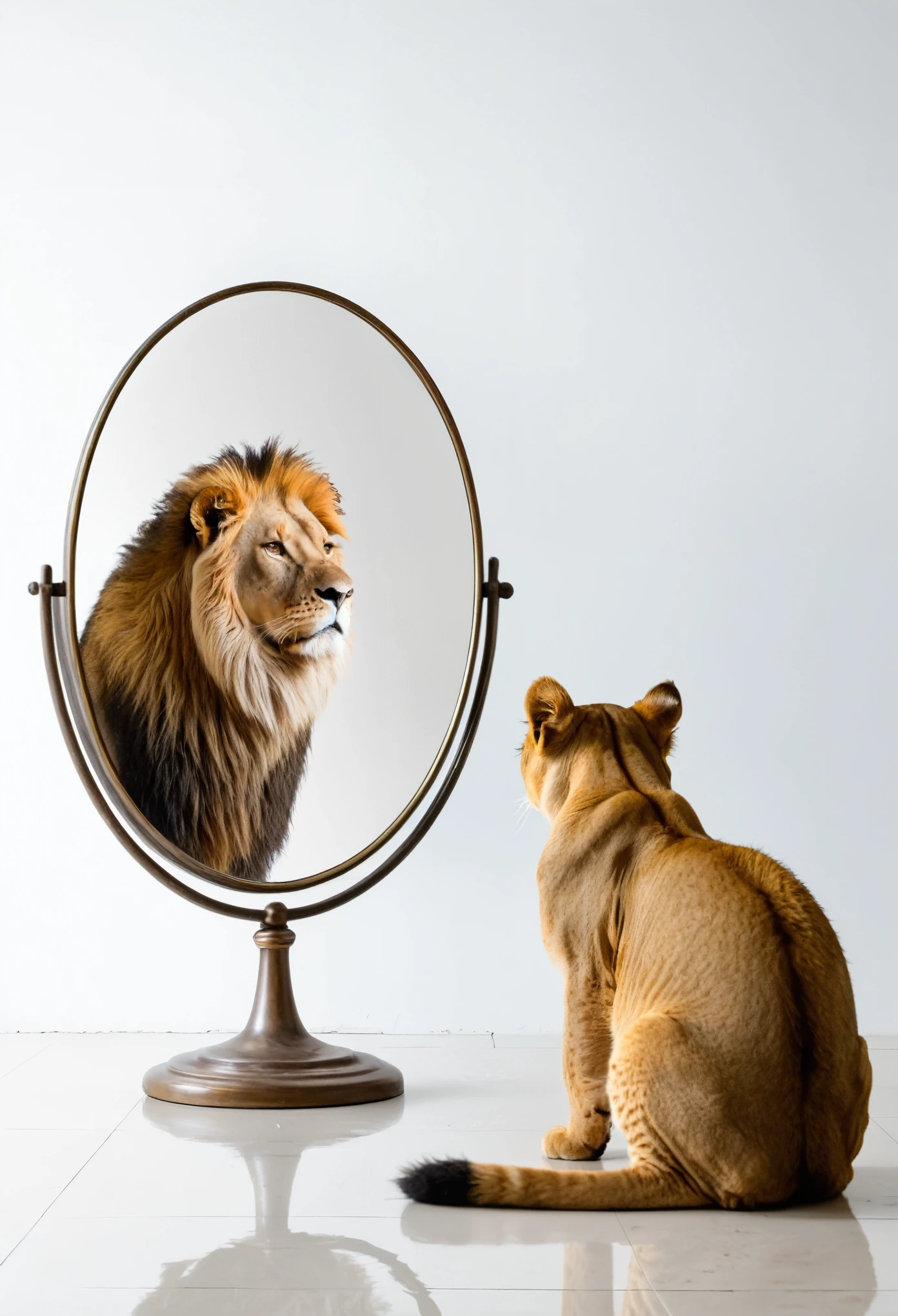 In white background. One line cat looking at a lion in a mirror