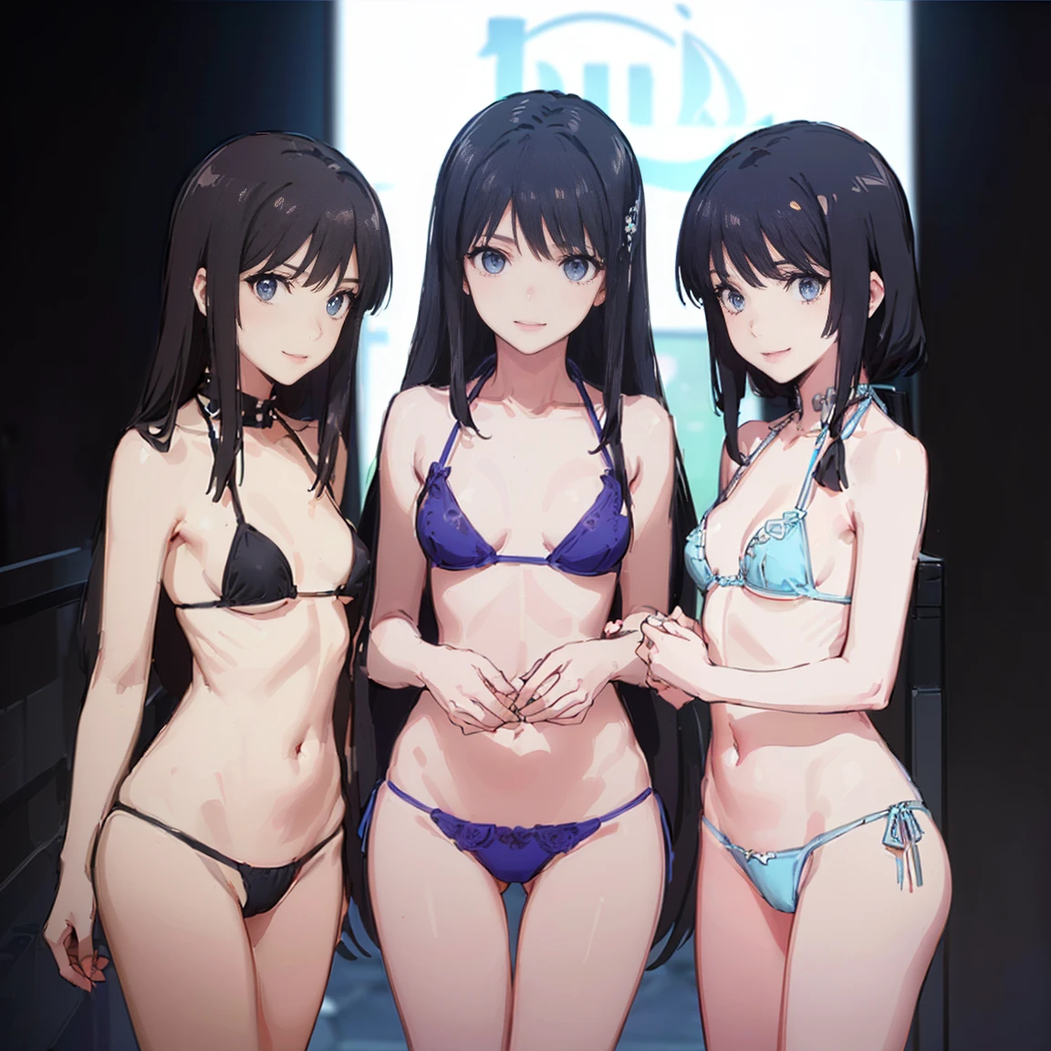 (((High resolution))), (((Very detailedな))), (((Three Girls:1.3))),((7Head to Body:1.3))、 (((Midday Blue Background)))、(((Happy expression))), (((smile:1.5)))、(((Beautiful and detailed eyes:1.3))), (((Very detailed))), (((Details face:1.5))), break , ,sunny, ,((Wearing a thong、bikini,Punk Style:1.2)),((Very delicate body))、((Very flat chest))、((Small waist))、((thigh gap:1.2))、Friendly atmosphere,((from side))