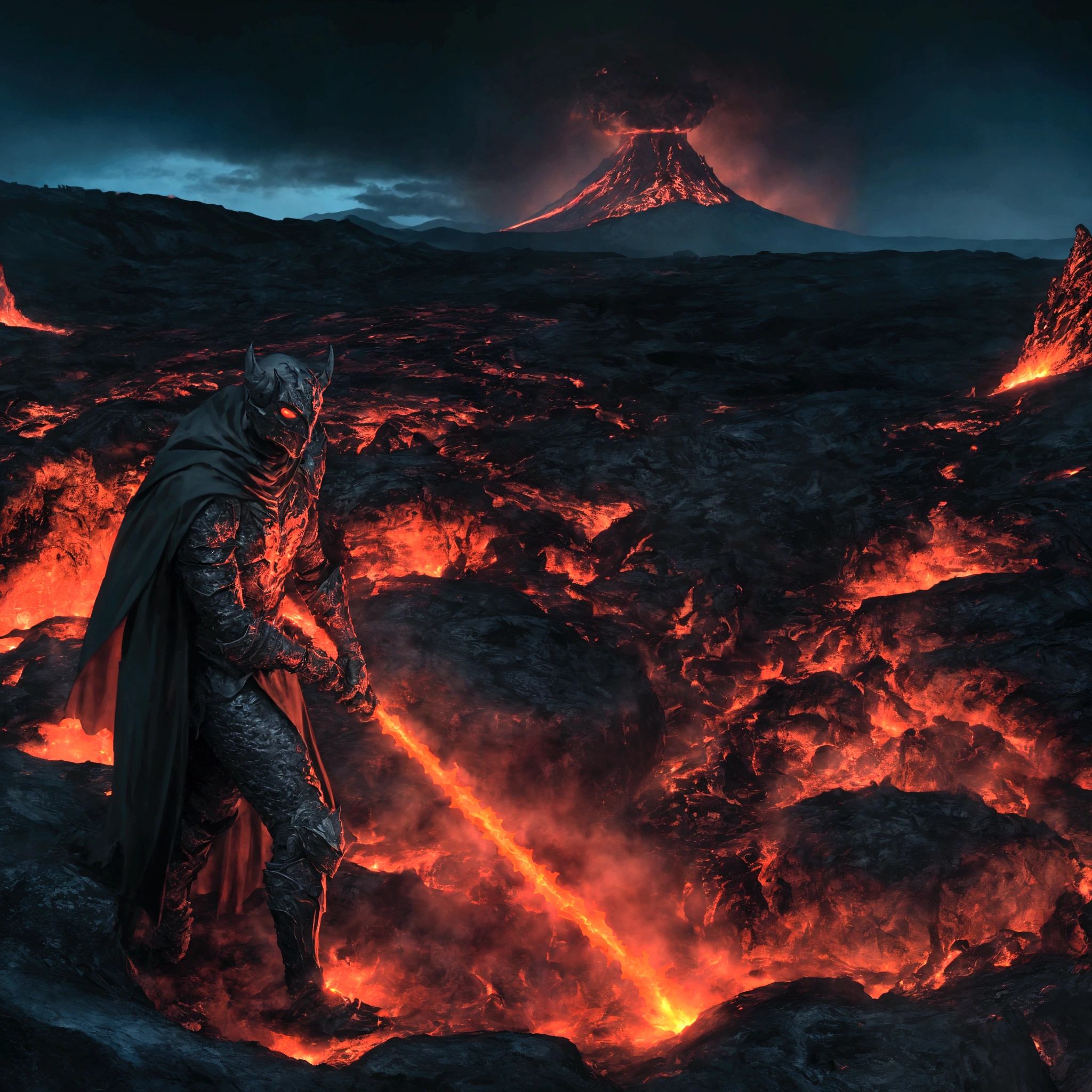 (extremely detailed 8k wallpaper), a medium shot photo of Grim dressed as a scary masked lava-supervillain in a glowing lava armour from marvel, theme, intricate, high detail, dramatic, mountain with lava running down the mountain in the background