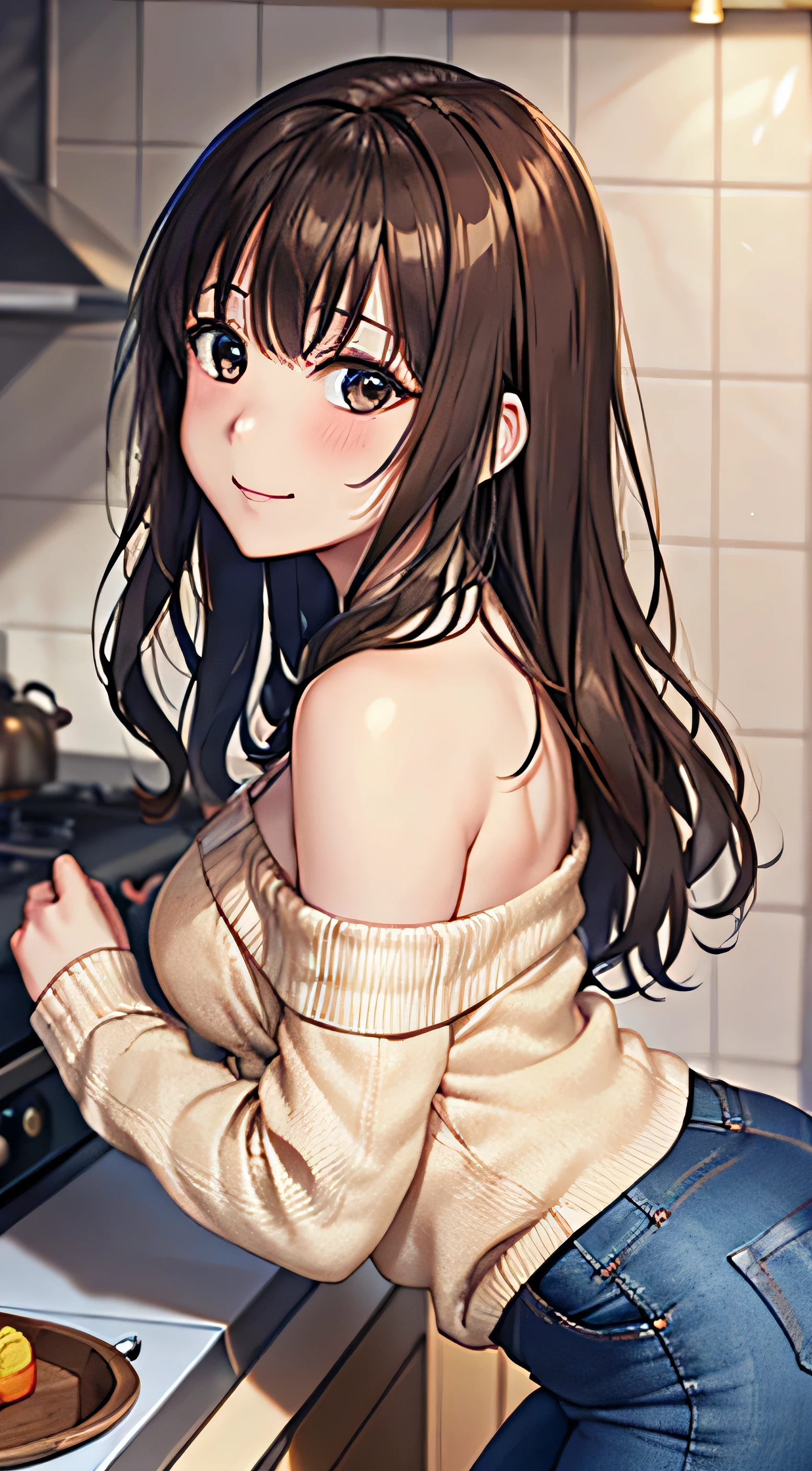 ((Tabletop, Highest quality, High resolution, , Pixel Perfect, 4K,))), 1 female, 、The whole body is visible、 ((Long Wavy Hair, bangs, Brown Hair)), ((Brown eyes, Beautiful eyelashes, Realistic eyes)), ((Detailed face, Blushing:1.2)), ((Smooth texture:0.75, Realistic texture:0.65, Realistic:1.1, Anime CG Style)), Medium sized breasts, Dynamic Angle, Perfect body, (( , , Off-the-shoulder sweater、No bra、、 Tight jeans pants、Take off your pants below your knees、、、)), Gold Hair Ornament、Cross Necklace、、Very embarrassing panic smile, 、、、、、Leaning forward、Nipples are slightly visible、Sidetick your butt out、Luxury apartment kitchen、、、、、、 、)、