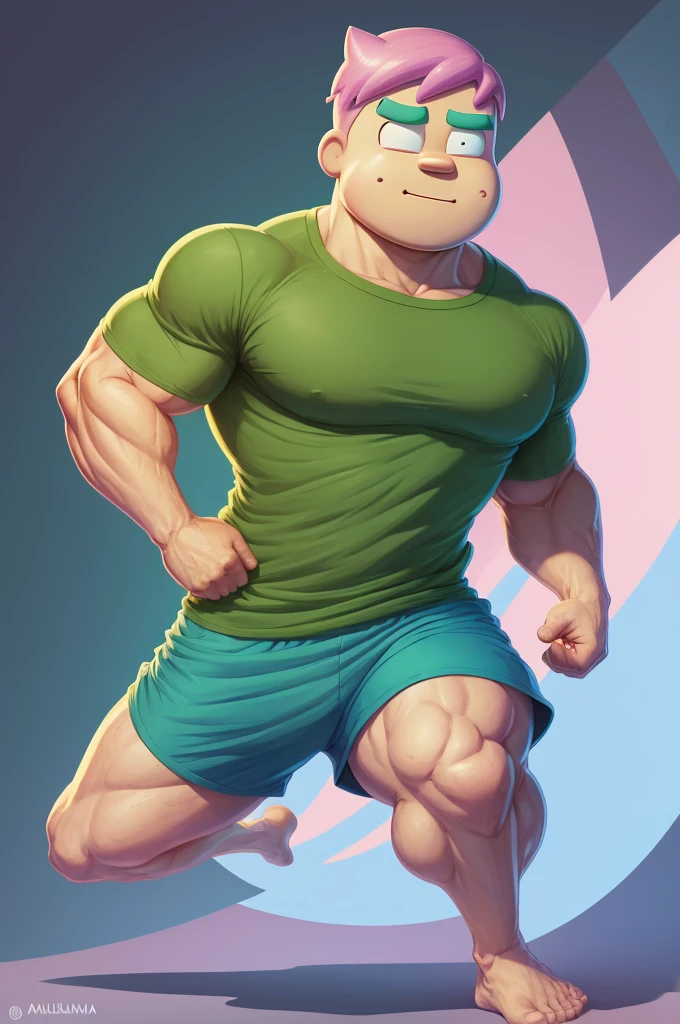 a cartoon character of a man in a green shirt and blue shorts, Baki Hanma body type, finn from adventure time, pink iconic character, lumpy skin, full body photo of steve,Optimistic Clarence cartoon, Medieval art