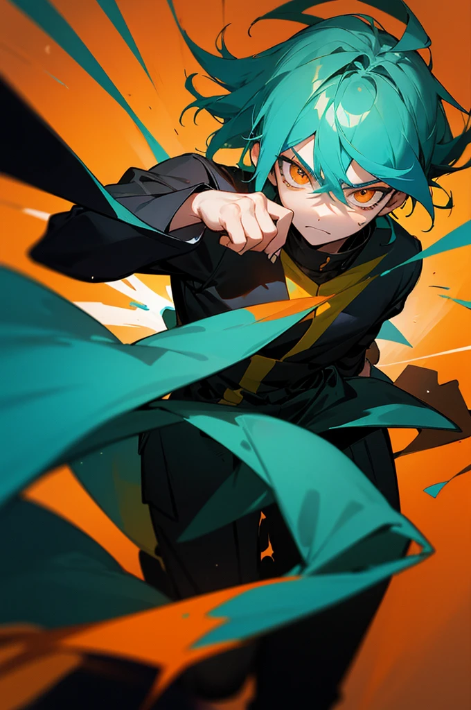 1 boy, Turquoise hair, orange eyes, black cloth, handsome, 15 years old , wearing uniform, orange eye liner, light power, fighting pose, psycho look in his face