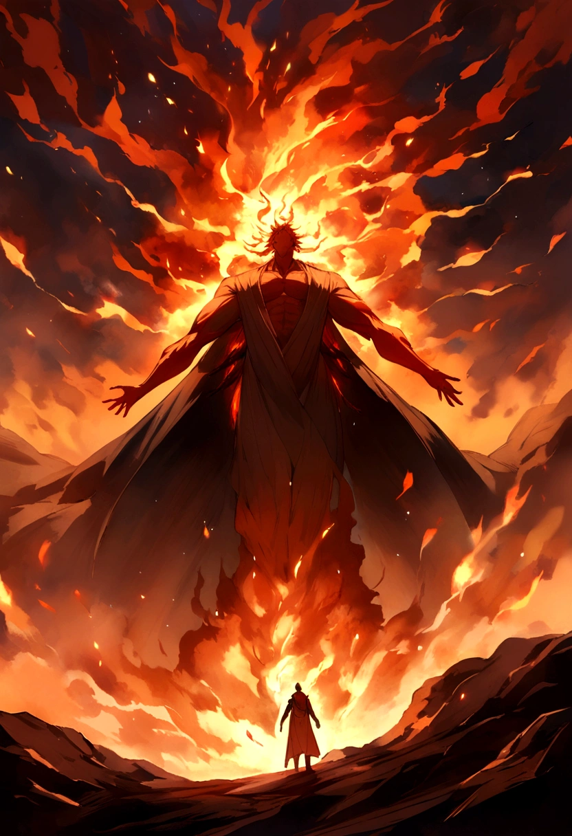 eruption of inner strength in the form of fire, A full-length man.