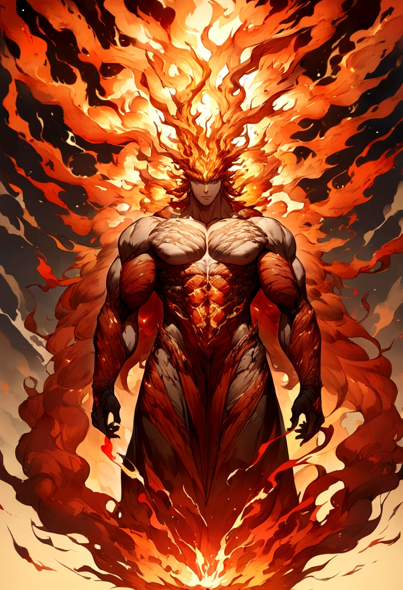 eruption of inner strength in the form of fire, A full-length man.