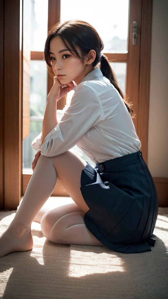 a beautiful woman in a room, sitting on the floor hugging her legs, wearing a navy blue skirt and tights, white button-up shirt with top buttons undone, contemplative expression, backlit from a window, soft cinematic lighting, detailed facial features, photorealistic, high-quality, intricate details, elegant, melancholy atmosphere, dramatic lighting, realistic, intricate textures, subtle color palette, 8K, masterpiece, Detailed posture、from side, night, 