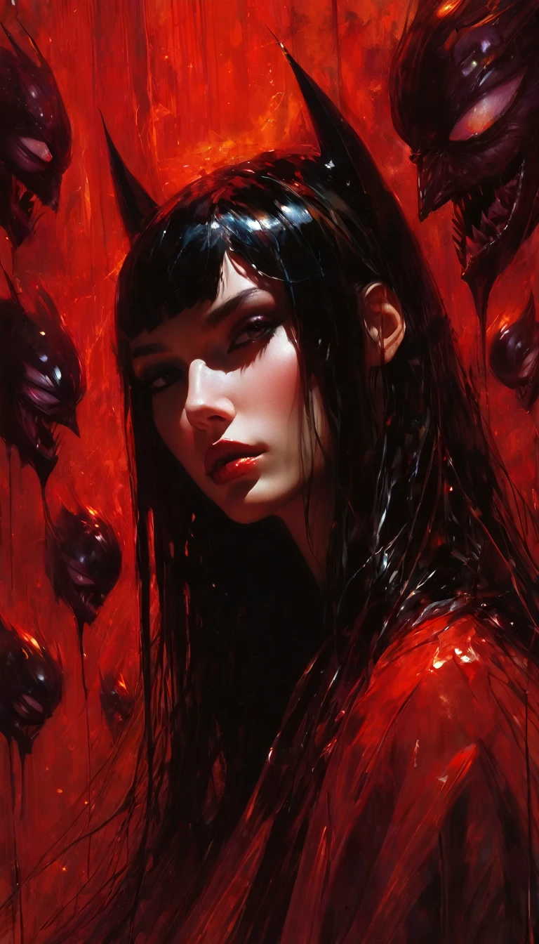 The sexy and dark art of seduction (art inspired in Bill Sienkiewicz). oil painting) (best quality,4k,8k,highres,masterpiece:1.2),ultra-detailed,(realistic,photorealistic,photo-realistic:1.37),intricate details,vivid colors,sharp focus,professional,Dave McKean artwork, oil touch of surrealism,oil painting style