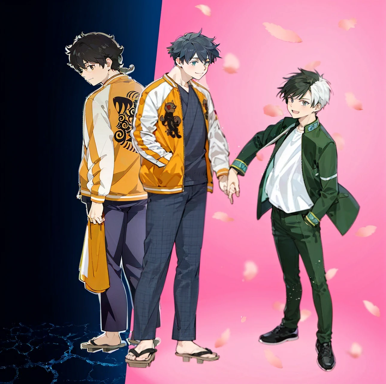 anime characters standing next to each other holding hands on a pink background, smiling, official art, anime key visual", bishounen, official anime still, official fanart, inspired by Okumura Masanobu, anime key visual concept, koyoharu gotouge, official anime art, official studio anime still, official modern anime, anime key visuals, cel shaded anime, Sakura tree petals flying