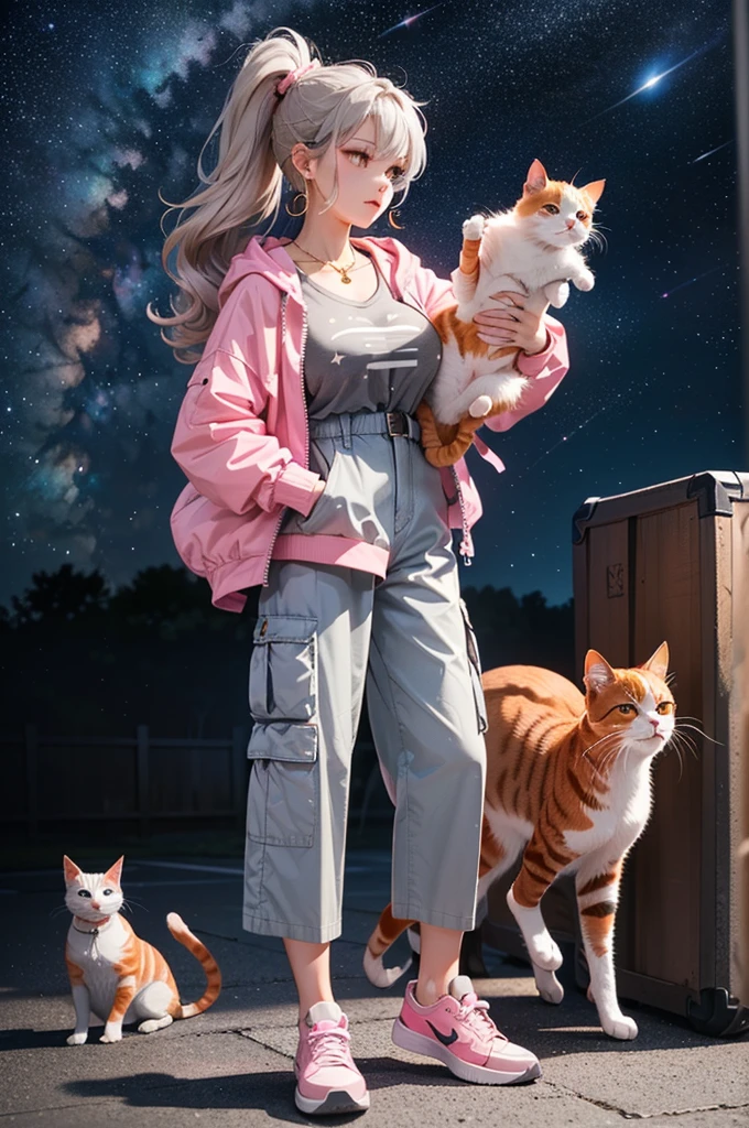 (((Holding a cute orange bantam cat in both hands)))，((Highest quality，masterpiece，Full body front view of a mature beauty with big breasts，Air bangs，Blue gray high ponytail super long straight hair，Slightly curly hair on double sideburns，Hair ends curled in，Gray and pink short T-shirt，Light blue denim gray hooded jacket，Black and gray long and wide cargo pants，Pink and white sneakers))，Simple, small and exquisite round necklace，Little star earrings，Wearing a very thin gold bracelet on the right hand，starry sky galaxy background，Look at the lens head-on