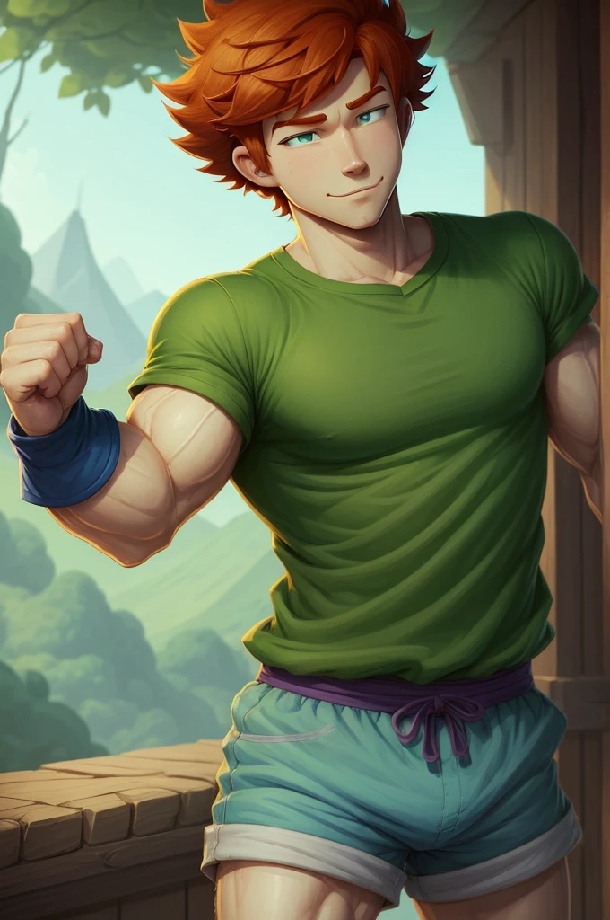 a cartoon character of a man in a green shirt and blue shorts slightly redheaded, Baki Hanma body type, finn from adventure time, lumpy skin, full body photo of steve,Optimistic Clarence cartoon, Medieval art