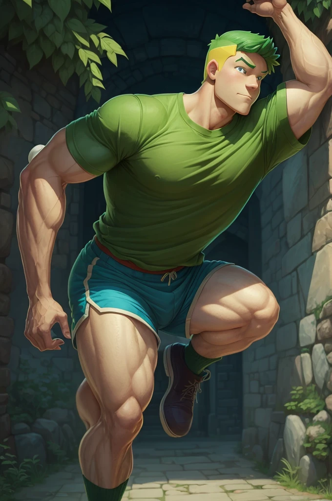 a cartoon character of a man in a green shirt and blue shorts slightly redheaded, Baki Hanma body type, finn from adventure time, lumpy skin, full body photo of steve,Optimistic Clarence cartoon, Medieval art