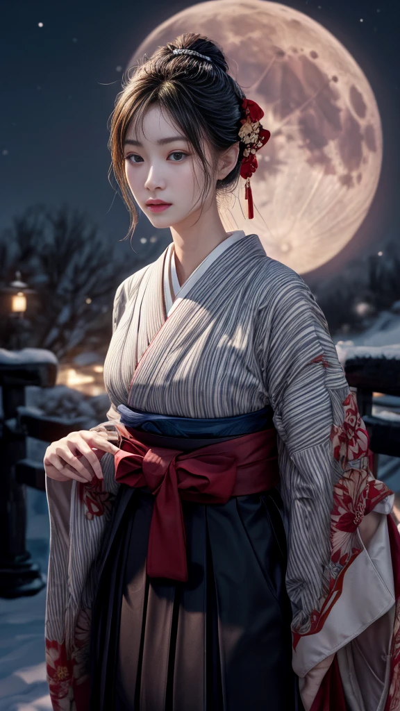 Very beautiful woman、Slender women、Round Glasses、Japanese clothing、((Hakama))、((Big Breasts))、samurai、(((night)))、((moon))、((snow))、Very beautiful woman、Slender women、(Detailed face)、Realistic skin、((Delicate photo)),(Girl Masterpiece RAW Photo Details:1.25), (Highest quality:1.6), (Ultra-high resolution:1.5), (Realistic:1.75), 8K resolution, Canon EOS R5, 50mm, Absurd, Ultra-detailed,Cinema Lighting、