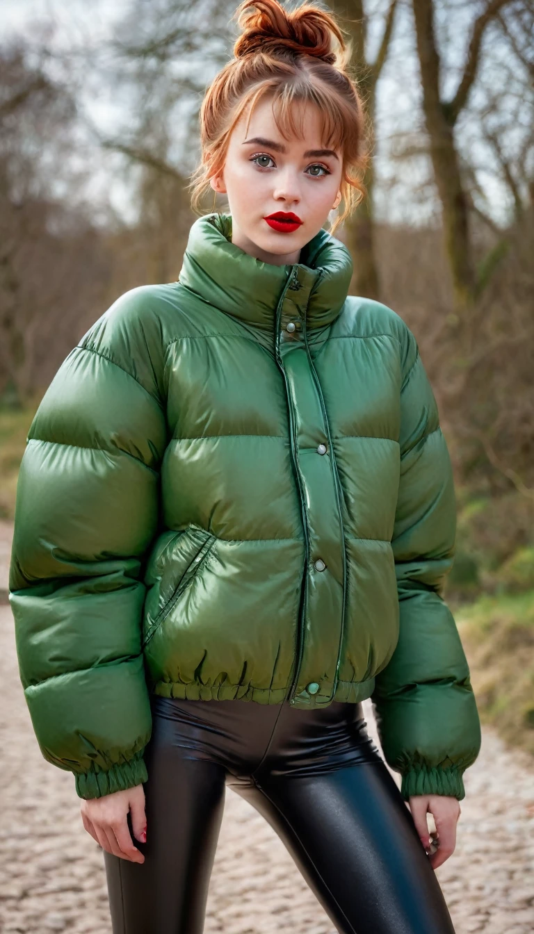 ultrarealistic high quality fullbody photo of a beautiful slim european teen girl with cute hyperdetailed shy face and natural redhead short messy bun and mischievous face, realistic round hazel eyes, red lips, dark eye makeup with eyeliner, wearing shiny green puffer jacket and faux leather leggins, hourglass body, outdoor shooting