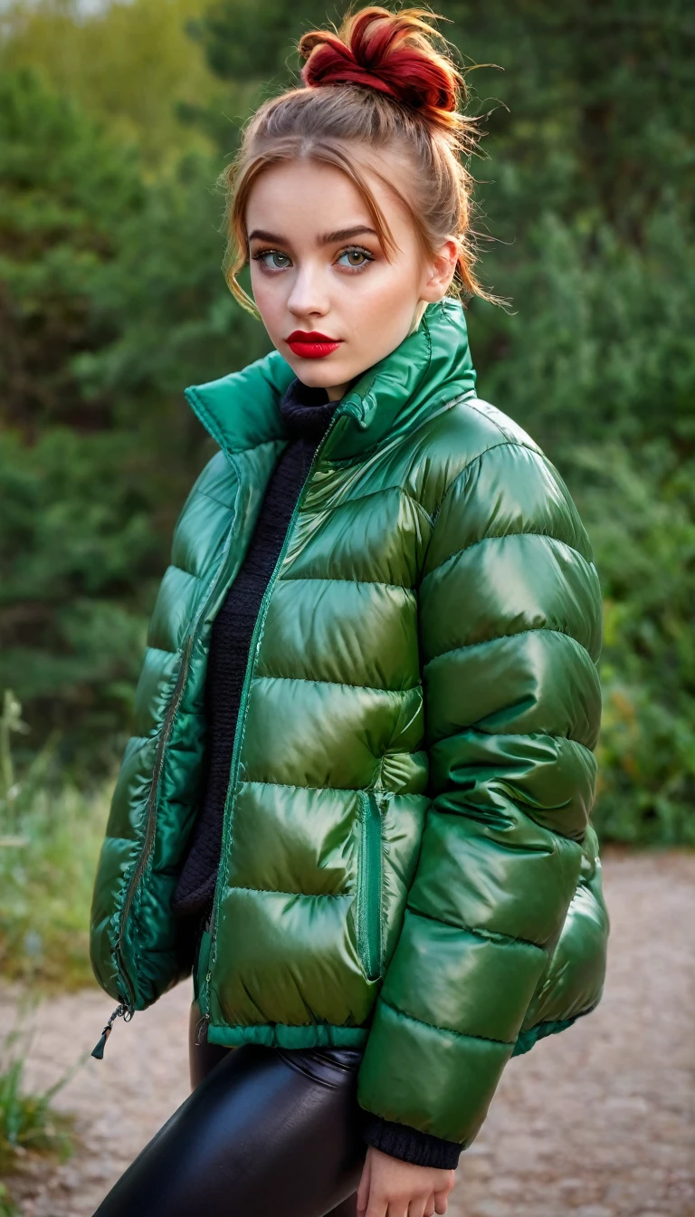 ultrarealistic high quality fullbody photo of a beautiful slim european teen girl with cute hyperdetailed shy face and natural redhead short messy bun and mischievous face, realistic round hazel eyes, red lips, dark eye makeup with eyeliner, wearing shiny green puffer jacket and faux leather leggins, hourglass body, outdoor shooting