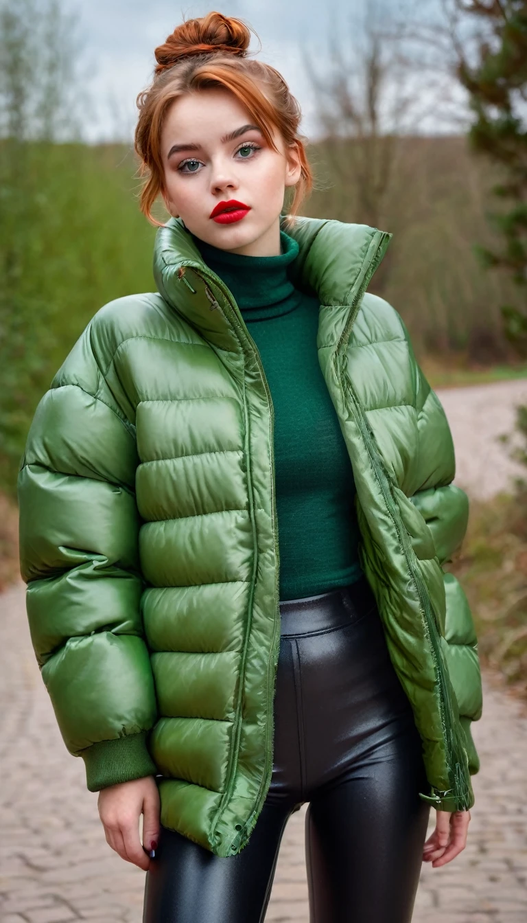 ultrarealistic high quality fullbody photo of a beautiful slim european girl with cute hyperdetailed shy face and natural redhead short messy bun and mischievous face, realistic round hazel eyes, red lips, dark eye makeup with eyeliner, wearing shiny green puffer jacket and faux leather leggins, hourglass body, outdoor shooting