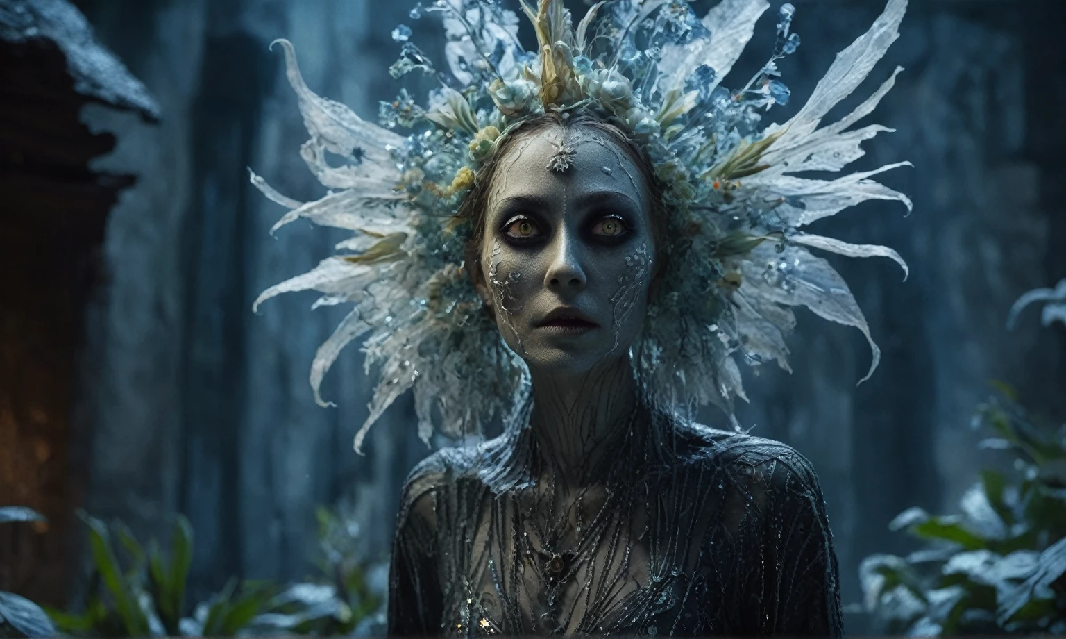 Magical plant ghost flower, ghost flower,carismatic，Incredible，terror ,extremely detailed,intricate details,eyes extremely detailed, high detailed eyes,16k resolution, realistic humid skin,extremely intricate details,Epic Realistic,face anatomically correct,Ultra HD,HDR, natural skin textures, hyper realism,realistic skin texture, hyper detailed,extremely Realism,Ultra Detailed,body logically correct,full body length shot,beggar graphite Manganite sparas, wants eat,survival in criminal city of future,Cinematic,soft colors, Technicolor,natural skin textures, hyper realism, hyper detailed,Extremely detailed,High contrast,Masterpiece,Realistic,Ultra Detailed, intricate details,realistic humid leather,extremly intricate,Epic Realistic, cinematic style,irina yermolova,high contrast,hdr,extremely detailed, [deep night landscape],masterpiece,intricate details,faded,eyes extremely detailed, high detailed eyes,16k resolution,RAW,retina, Nikon Z9,Songbird,orc,Guangxi Zhuang of China,tkt style, Pisces,perfect, ginger，transition between two art styles, Ink painting to photorealism, Double contact, X-ray, Creative, vivid light, masterpiece, fantasy, Abstract, Surrealism, super detailed, high resolution, stop:35,(((creature with a spectral and ghostly appearance)). Her skin is pale, almost translucent.wears dark, torn clothes that float around him, as if permeated by an aura of mourning. Its appearance is complemented by details such symbols of gothic elements, further emphasizing its dark air. is haunted and tormented entity,pixar movie still,Silver-gold long hair with bangs、Aquamarine Eyes,matte silver sequined dress,Mestichino,Light particles,chaos