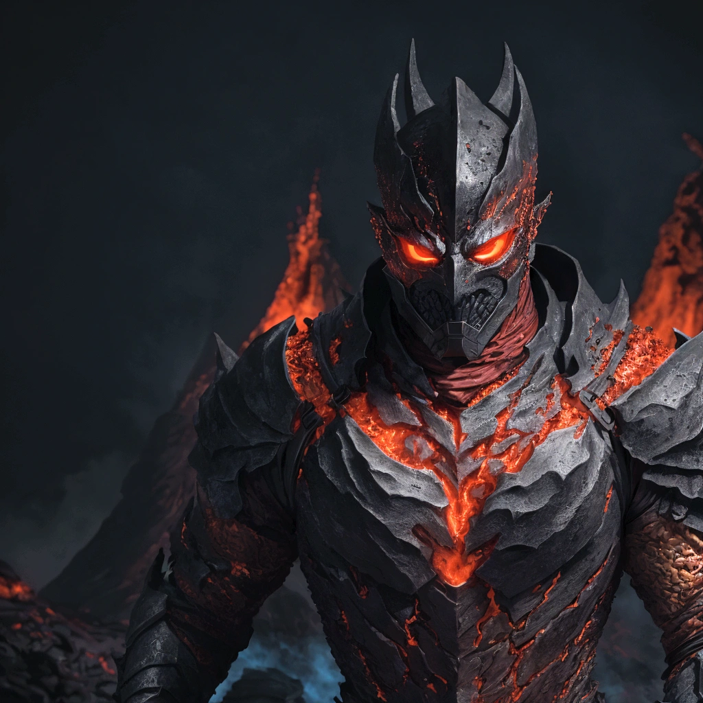 (extremely detailed 8k wallpaper), a medium shot photo of Grim dressed as a scary masked lava-supervillain in a glowing lava armour from marvel, theme, intricate, high detail, dramatic, volcano in the background