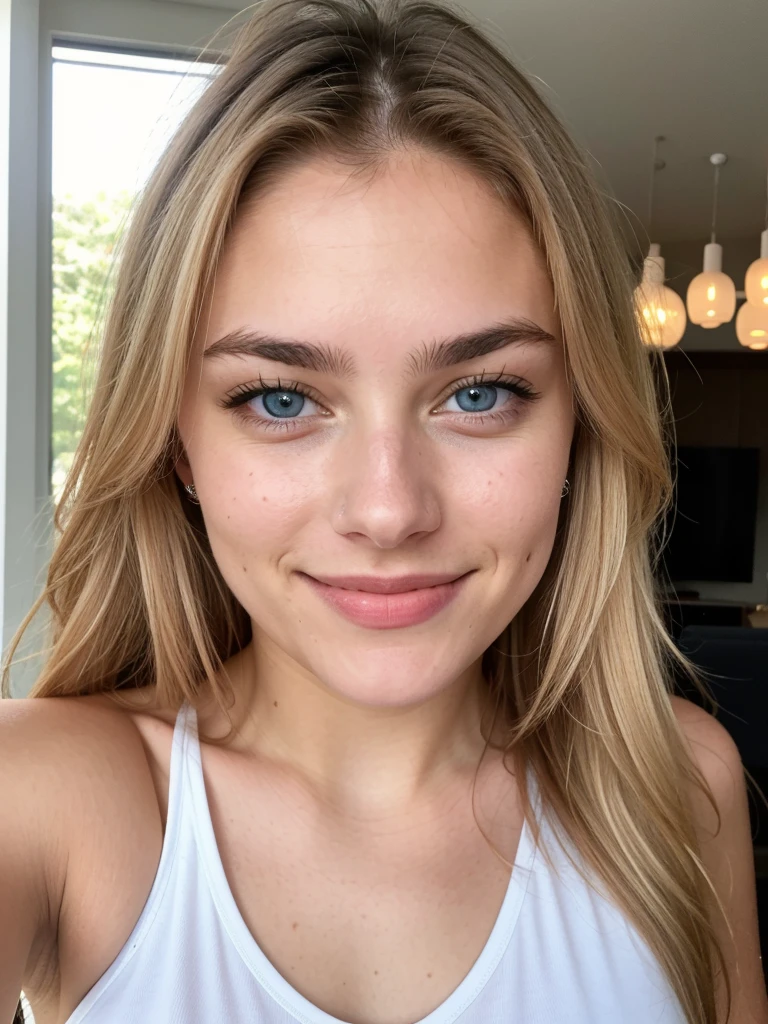 selfie miroir , une fille magnifique de 19 ans , léger sourire , visage et yeux détaillés , éclairage naturel , à la maison , cheveux longs, Les cheveux en désordre, voir à travers le soutien-gorge en dentelle, clivage, grain de film, faible contraste, visage naturel , taches de rousseur , Cheveux blond foncé , yeux bleu foncé, cernes sous les yeux, Sexy, mamelons visibles,