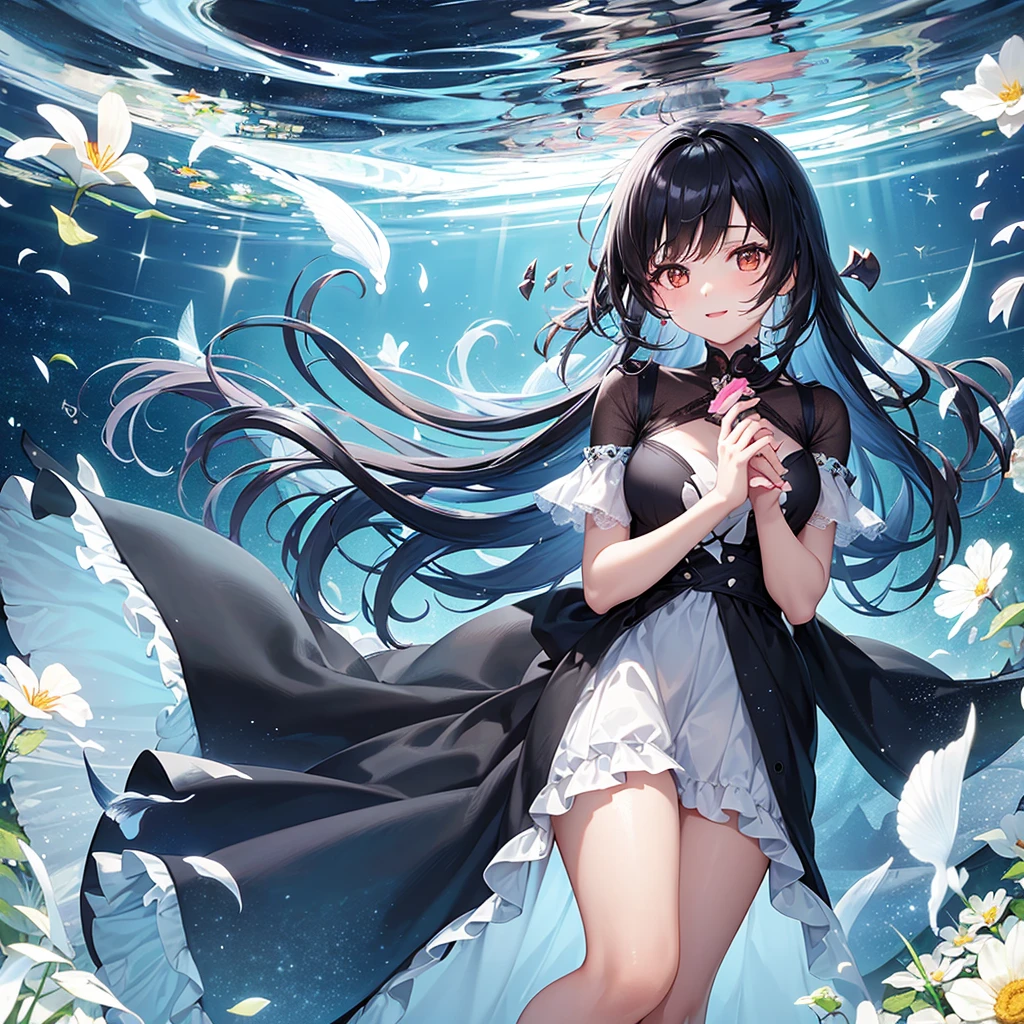 create an image, of a girl with medium long black hair playing with flowers and fish, something magical and deep, magical and fun atmosphere, happy girl in a beautiful dress, In the universe, dark and bright stars