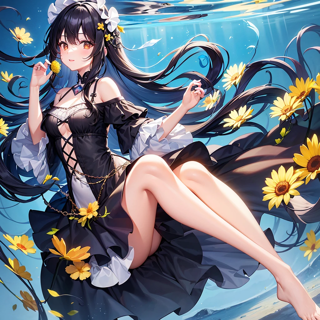 create an image, of a girl with medium long black hair playing with flowers and fish, something magical and deep, magical and fun atmosphere, happy girl in a beautiful dress, In the universe, dark and bright stars