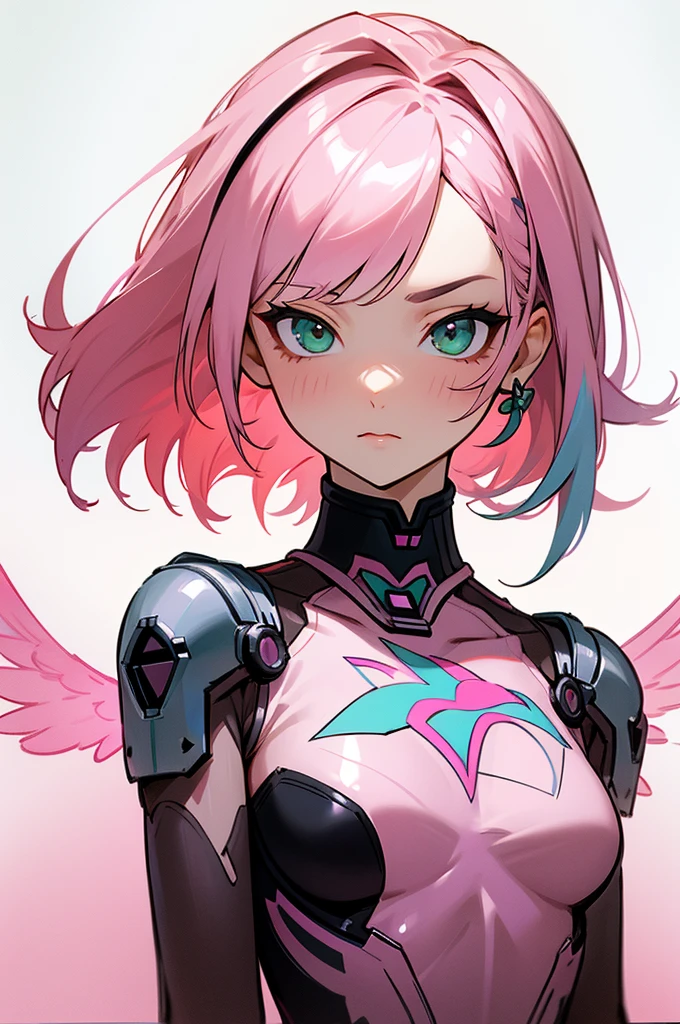 Alisa Bosconovitch, best qualityer, contemporary, flat style, minimalism, Green Eyes Flat Illustration, pink hair, shorth hair, multicolored wildly hair, black jersey, mechanical wings, Head Portrait Close-U, pointed chest, neckleace, super neckleace, middlebreasts, tekken,hand-painted,Colorless line drawing