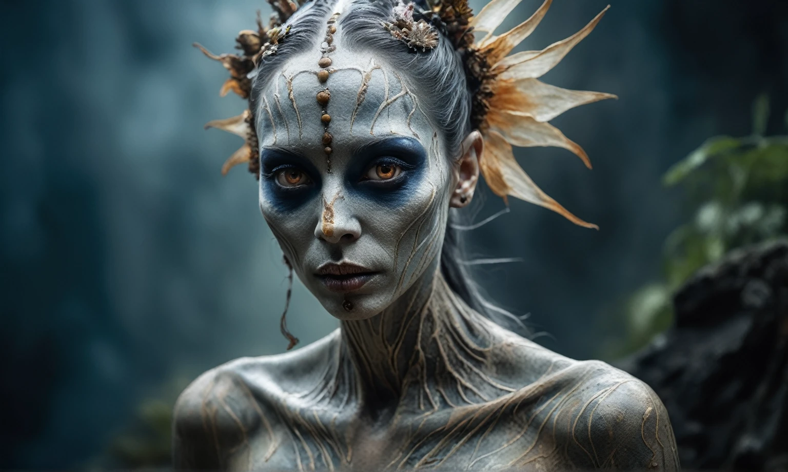 full body length,Magical plant ghost flower, ghost flower,carismatic，Incredible，terror ,extremely detailed,intricate details,eyes extremely detailed, high detailed eyes,16k resolution, realistic humid skin,extremely intricate details,Epic Realistic,face anatomically correct,Ultra HD,HDR, natural skin textures, hyper realism,realistic skin texture, hyper detailed,extremely Realism,Ultra Detailed,body logically correct,full body length shot,beggar graphite silver sparas, wants eat,survival in castle of future,Cinematic,soft colors, Technicolor,natural skin textures, hyper realism, hyper detailed,Extremely detailed,High contrast,Masterpiece,Realistic,Ultra Detailed, intricate details,realistic humid leather,extremely intricate,Epic Realistic, cinematic style,irina yermolova,high contrast,hdr,extremely detailed, [deep night landscape],masterpiece,intricate details,faded,eyes extremely detailed, high detailed eyes,16k resolution,RAW,retina, Nikon Z9,China,Songbird,orc, Guangxi Zhuang of China,tkt style, Pisces, perfect, ginger，transition between two art styles, Ink painting to photorealism, Double contact, X-ray, Creative, vivid light, masterpiece, fantasy, Abstract, Surrealism, super detailed, high resolution, stop:35,(((creature with a spectral and ghostly appearance)). Her skin is pale, almost translucent.wears weird, ancient rock paintings of the first people,of sharkfish's leather