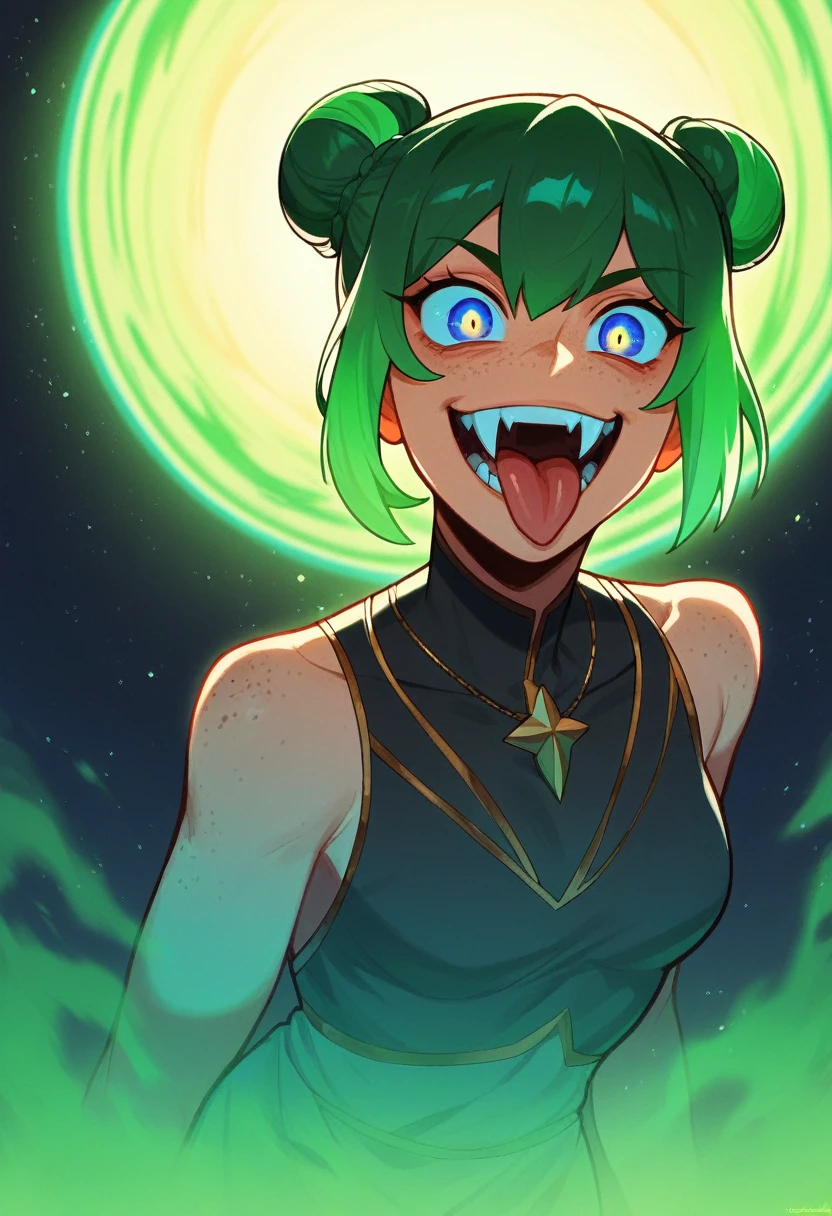 (ultra-detailed), (masterpiece), (best quality), (sharp focus), (cinematic lighting), (vibrant colors), th1ckan1m3 , 1girl, fantasy magical, ethereal, space bun hairstyle, PSYCHOPHONKY, crazy smile, tongue sticking out, fangs, dark green hair, freckles