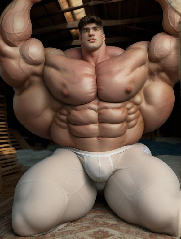 1boy, giant, alone, giant bodybuilder, illuminating light, strong body, bulk, large size, sit in hut, armpit, nude, white triangular underwear, massive bulge, hard bulge, extraordinary big, brutalmass, giant muscular body, bulk, buff, massive body, large meaty body size, extremely wide body,