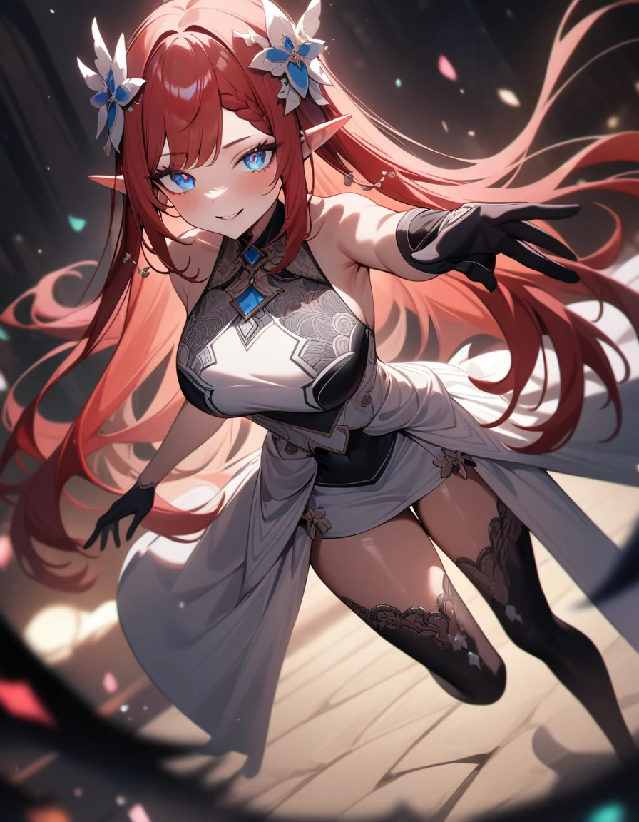 (girl): solo,(masterpiece:1.2), (best quality:1.2), (very aesthetic:1.2), (absurdres:1.2), (detailed background),newest, (perfect face), (detailed outfit), Creepy Smile, Slasher Smile, (seductive smile), (red hair:1.3),braided bangs, long hair, (straight hair), light skin, Large breasts, (sleeveless sweater black and white full body dress:1.3)), (((Beautifully decorated costumes that are intricate and delicate.:1.4))), mini skirt, (White accessories:1.3), (hair ornament:1.3), ((perfect curves)), (puffy breasts), (shiny skin, skinny, slender body:1.4), (glows ultra-detailed deep sapphire blue eyes:1.2), (gradient eyes:1.2), (finely detailed beautiful eyes:1.2), (symmetrical eyes:1.2), (big highlight on eyes:1.3), detailed shimmering eyes, strong eyeliner and eyelashes, black leggings under shorts, white scarf, slim waist, navel, (thick thighs), (samurai armor black gloves), dynamic angle, stylish pose, (monster girl), delicate, beautiful, elemental, ethereal, pure, mystical, intricate, surreal, elf, Cute, Adorable, (red hair), intricate (effects): (masterpiece), (best quality), (sharp focus), (depth of field), (high res), (vibrant colors), (professional lighting),