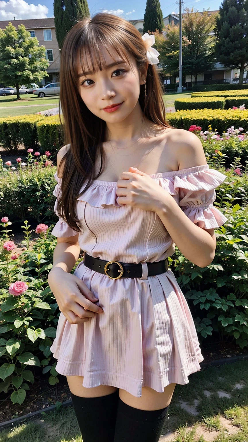 (8K、RAW Photos、Highest quality、masterpiece:1.2)、(Realistic、Realistic)、1 Girl、((mini skirt、smile、pink、Thin legs、whole body、boots、Clothes with ribbons、Anime Costumes、Chest ribbon、Off the shoulder、See-through、Frills、garden、View from the front、Ribbon on chest、Looking into the camera、belt、Stand with hands on hips))、