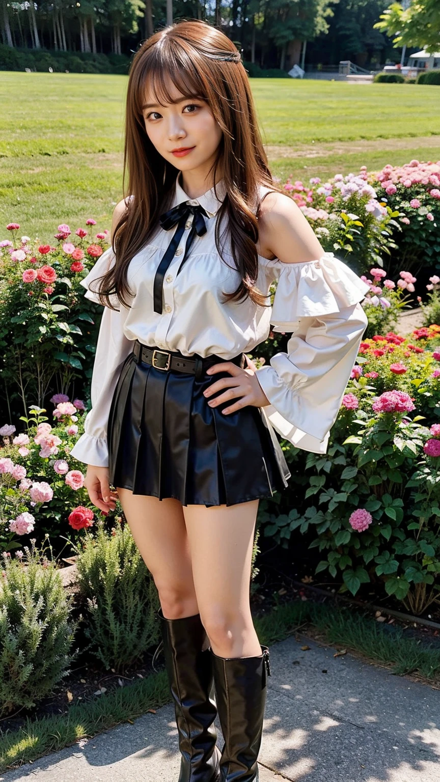(8K、RAW Photos、Highest quality、masterpiece:1.2)、(Realistic、Realistic)、1 Girl、((mini skirt、smile、pink、Thin legs、whole body、boots、Clothes with ribbons、Anime Costumes、Chest ribbon、Off the shoulder、See-through、Frills、garden、View from the front、Ribbon on chest、Looking into the camera、belt、Stand with hands on hips))、