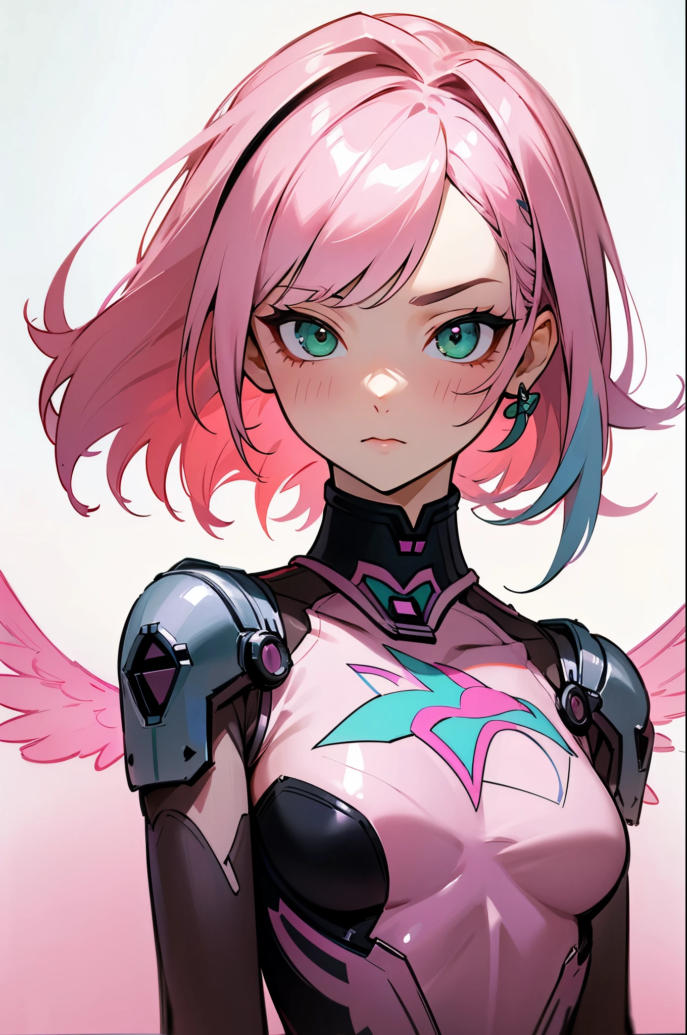 Alisa Bosconovitch, best qualityer, contemporary, flat style, minimalism, Green Eyes Flat Illustration, pink hair, shorth hair, multicolored wildly hair, black jersey, mechanical wings, Head Portrait Close-U, pointed chest, neckleace, super neckleace, middlebreasts, tekken,hand-painted,Colorless line drawing