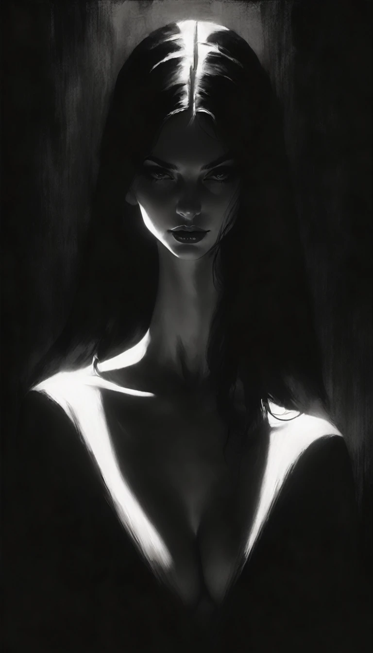 eroticism, sexy, black and white image, between shadows, oil painting, dramatic lighting, dramatic contrast, chiaroscuro, detailed face, sensual expression, elegant pose, female figure, mysterious, moody, cinematic, dark romantic, Bill Sienkiewicz inspired, dark atmosphere, powerful composition, dramatic shadows, high quality, photorealistic, masterpiece