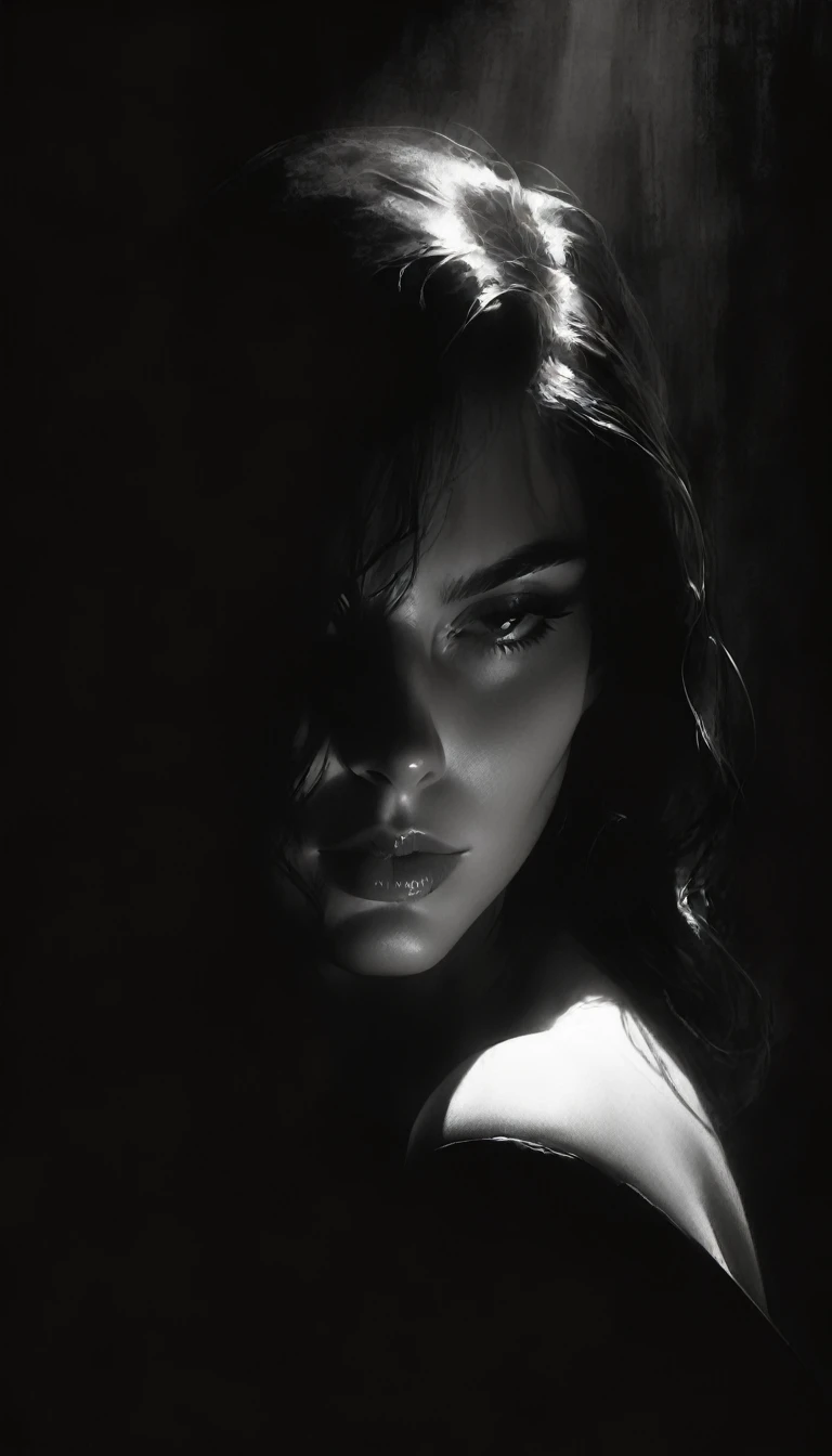 eroticism, sexy, black and white image, between shadows, oil painting, dramatic lighting, dramatic contrast, chiaroscuro, detailed face, sensual expression, elegant pose, female figure, mysterious, moody, cinematic, dark romantic, Bill Sienkiewicz inspired, dark atmosphere, powerful composition, dramatic shadows, high quality, photorealistic, masterpiece