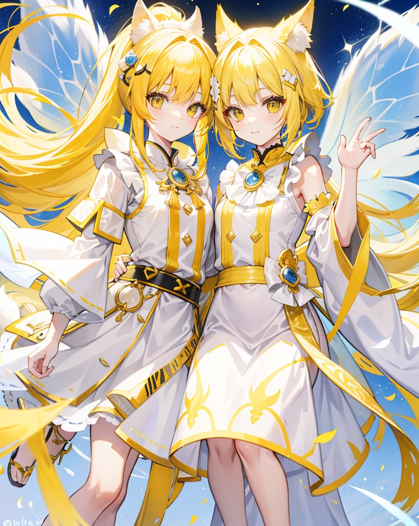 Bright yellow hair with high ponytail,The white and yellow clothes are decorated with gold accents,As cute and cute as a fairy, small cute neko ears, white and yellow fox tail, happy faces