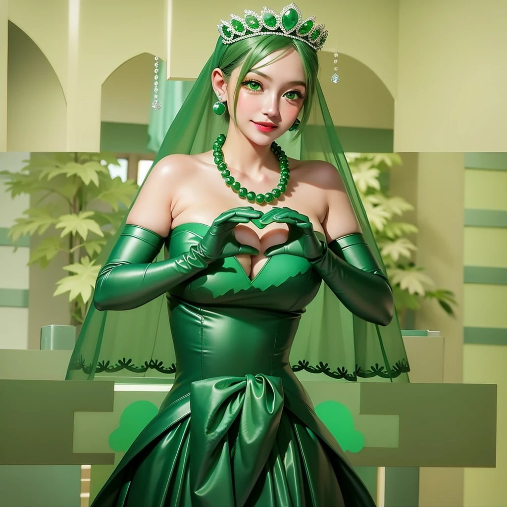 Emerald tiara, Green Pearl Necklace, ボーイッシュな非常に短いGreen Hair, Green Lips, Smiling Japanese woman, Very short hair, Busty beautiful lady, Green Eyes, Green satin long gloves, Green Eyes, Emerald Earrings, Green veil, Heart with both hands, Green Hair, Beautiful Japanese Women, Heart shaped hands:1.3, green lip gloss