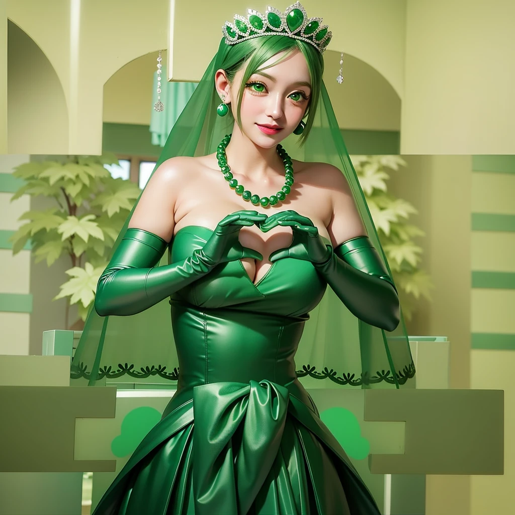 Emerald tiara, Green Pearl Necklace, ボーイッシュな非常に短いGreen Hair, Green Lips, Smiling Japanese woman, Very short hair, Busty beautiful lady, Green Eyes, Green satin long gloves, Green Eyes, Emerald Earrings, Green veil, Heart with both hands, Green Hair, Beautiful Japanese Woman, Heart shaped hands:1.3, green lip gloss