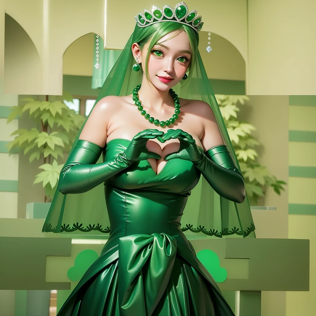 Emerald tiara, Green Pearl Necklace, ボーイッシュな非常に短いGreen Hair, Green Lips, Smiling Japanese woman, Very short hair, Busty beautiful lady, Green Eyes, Green satin long gloves, Green Eyes, Emerald Earrings, Green veil, Heart with both hands, Green Hair, Beautiful Japanese Woman, Heart shaped hands:1.3, green lip gloss