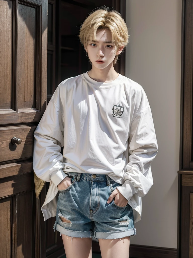 8k, Masterpiece, high quality, Young guy, good proportions, maravellous, androgynous prince, ulzzang, blonde hair, cabello rubio, asian, asian boy, shorts, casual